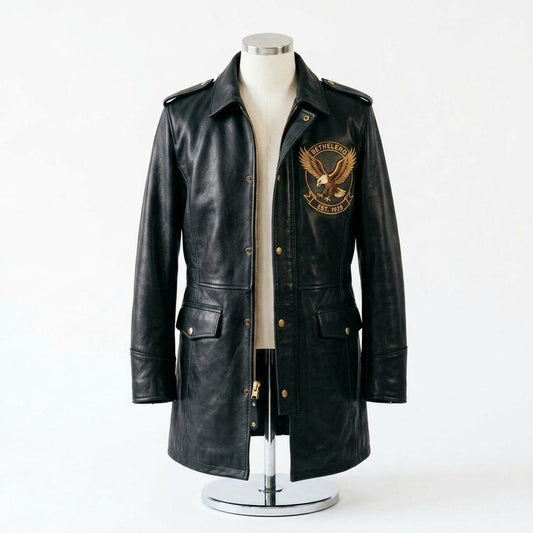 Front view of men black leather long coat minimal street style
