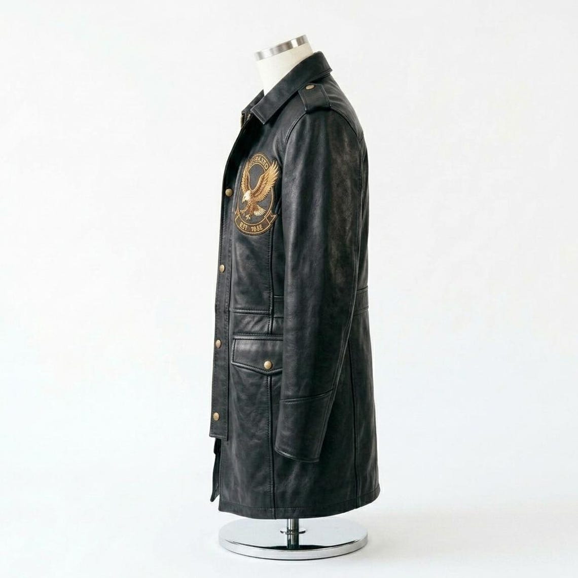  Side profile of men black leather long coat