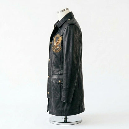  Side profile of men black leather long coat