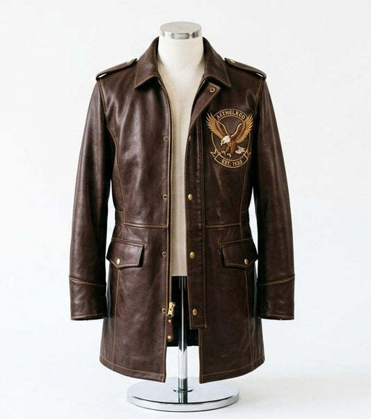 Front view of men brown leather long coat minimal street style