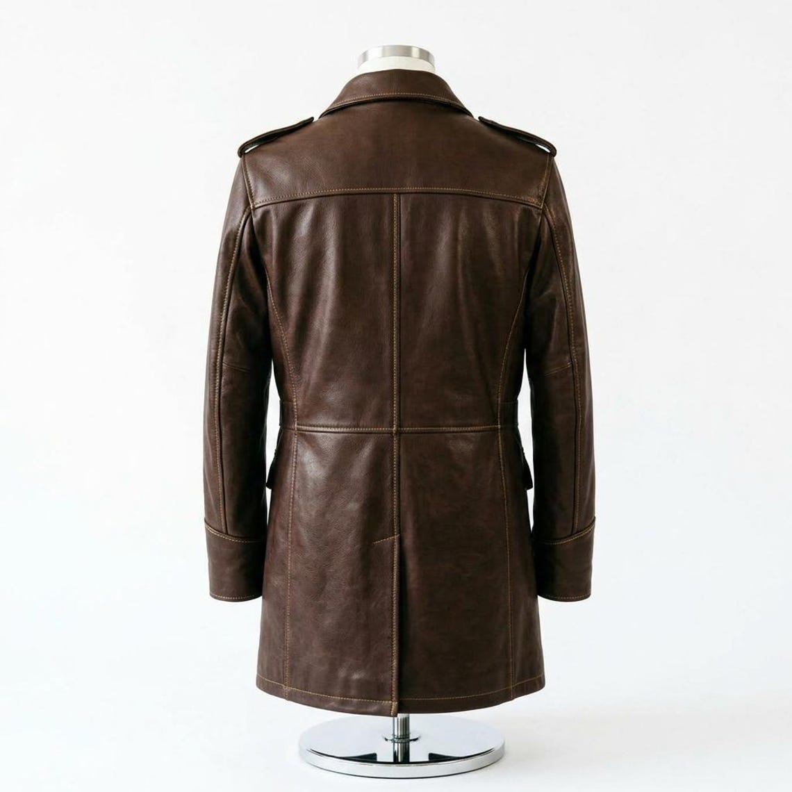 Back view of brown leather long coat for men