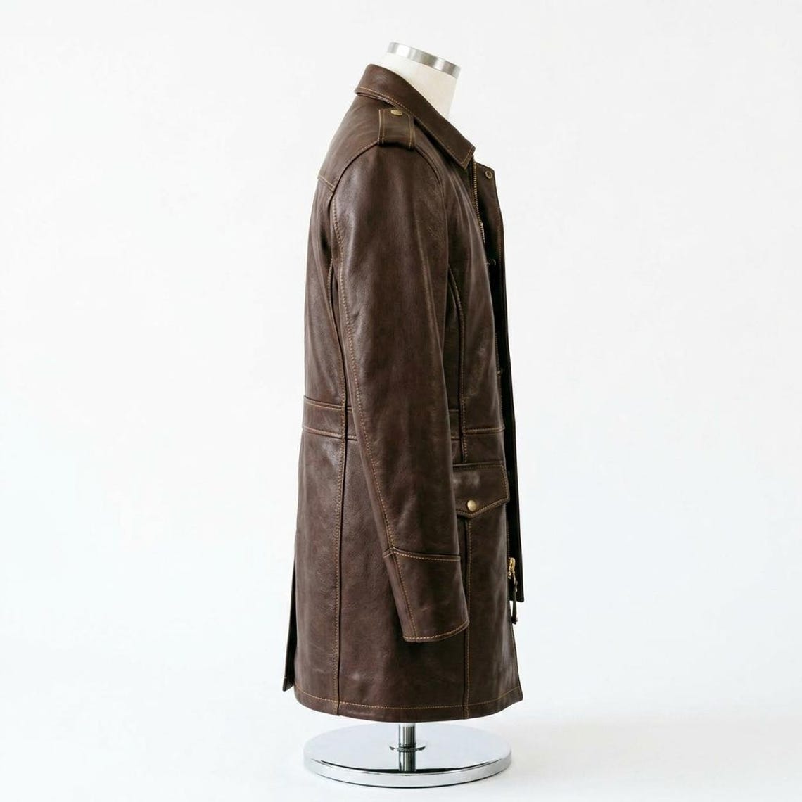 Side profile of men brown leather long coat
