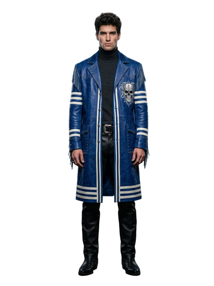 Front view of royal blue gothic skull embroidered leather trench coat