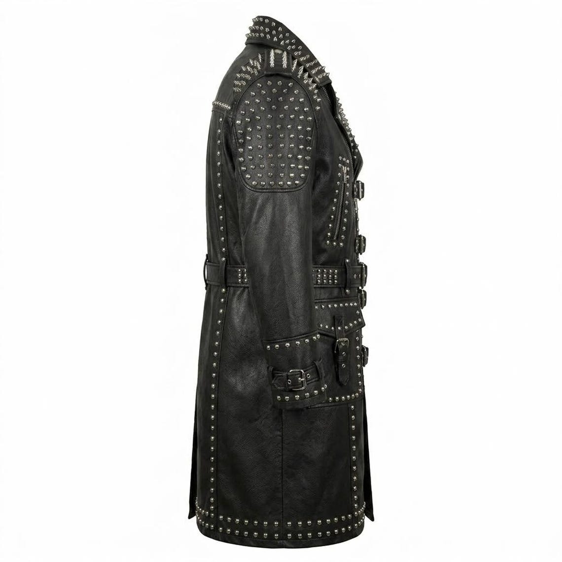 Side view of men black leather biker trench coat