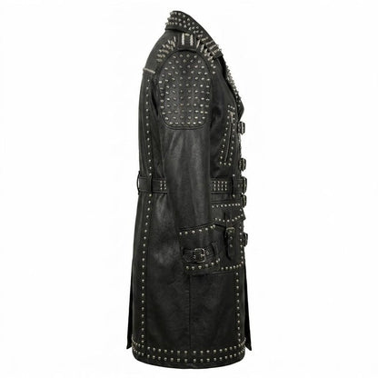 Side view of men black leather biker trench coat