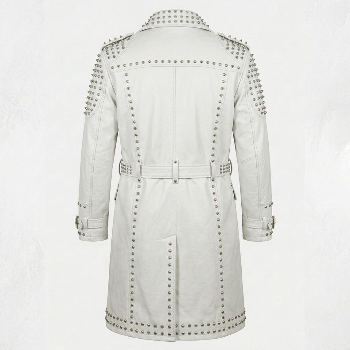  Back design of white leather trench coat for men with belt detail