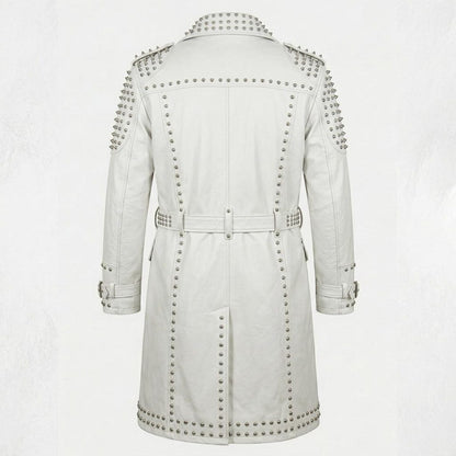  Back design of white leather trench coat for men with belt detail