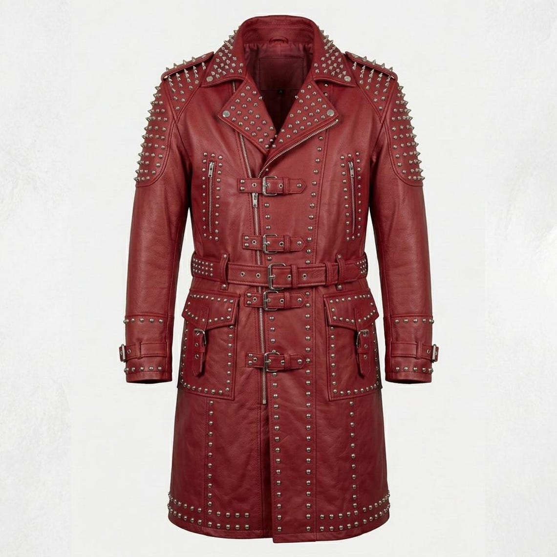 Front view of red leather studded trench coat for men in gothic biker style