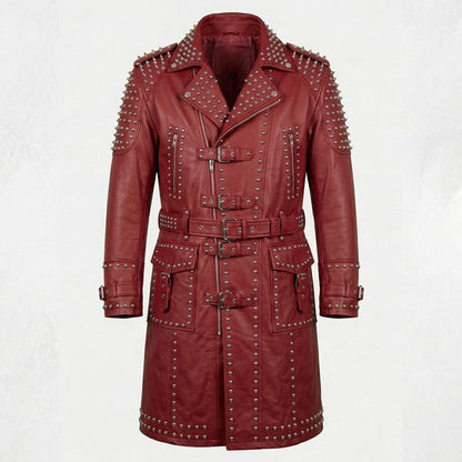 Front view of red leather studded trench coat for men in gothic biker style