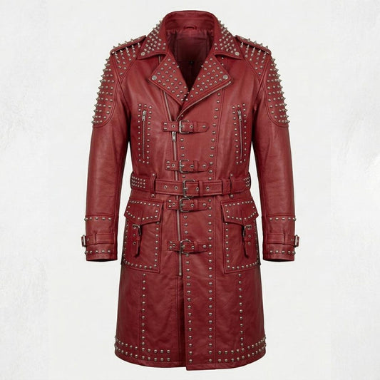 Front view of red leather studded trench coat for men in gothic biker style