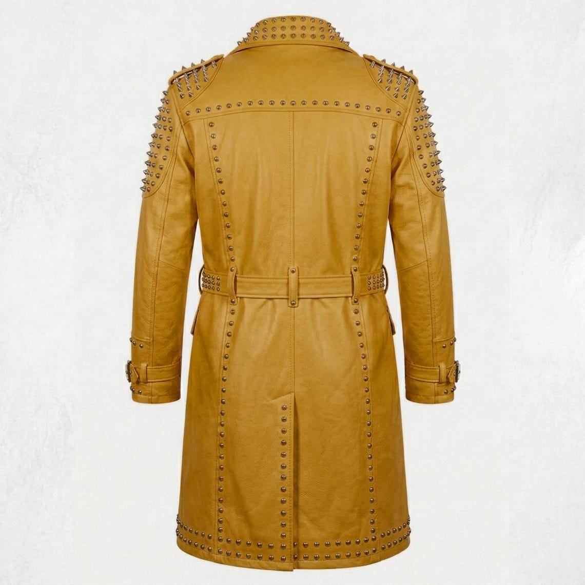 Back design of yellow leather studded gothic trench coat