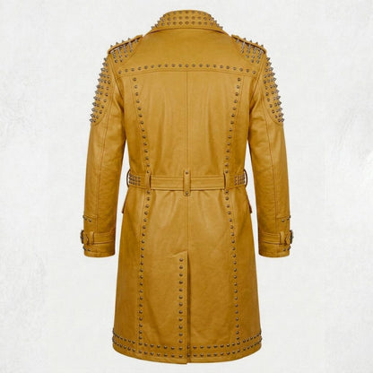 Back design of yellow leather studded gothic trench coat