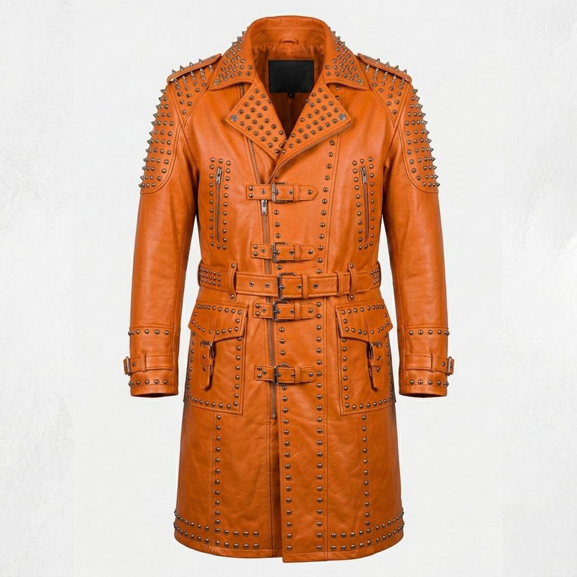 Front view of orange leather studded trench coat for men in gothic biker style