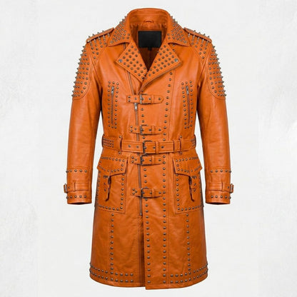 Front view of orange leather studded trench coat for men in gothic biker style