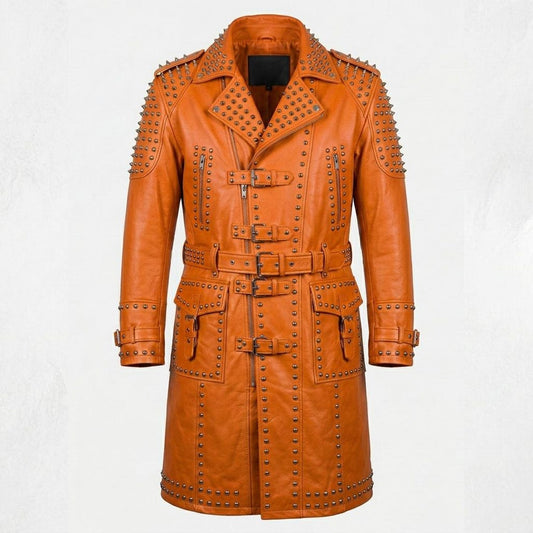 Front view of orange leather studded trench coat for men in gothic biker style