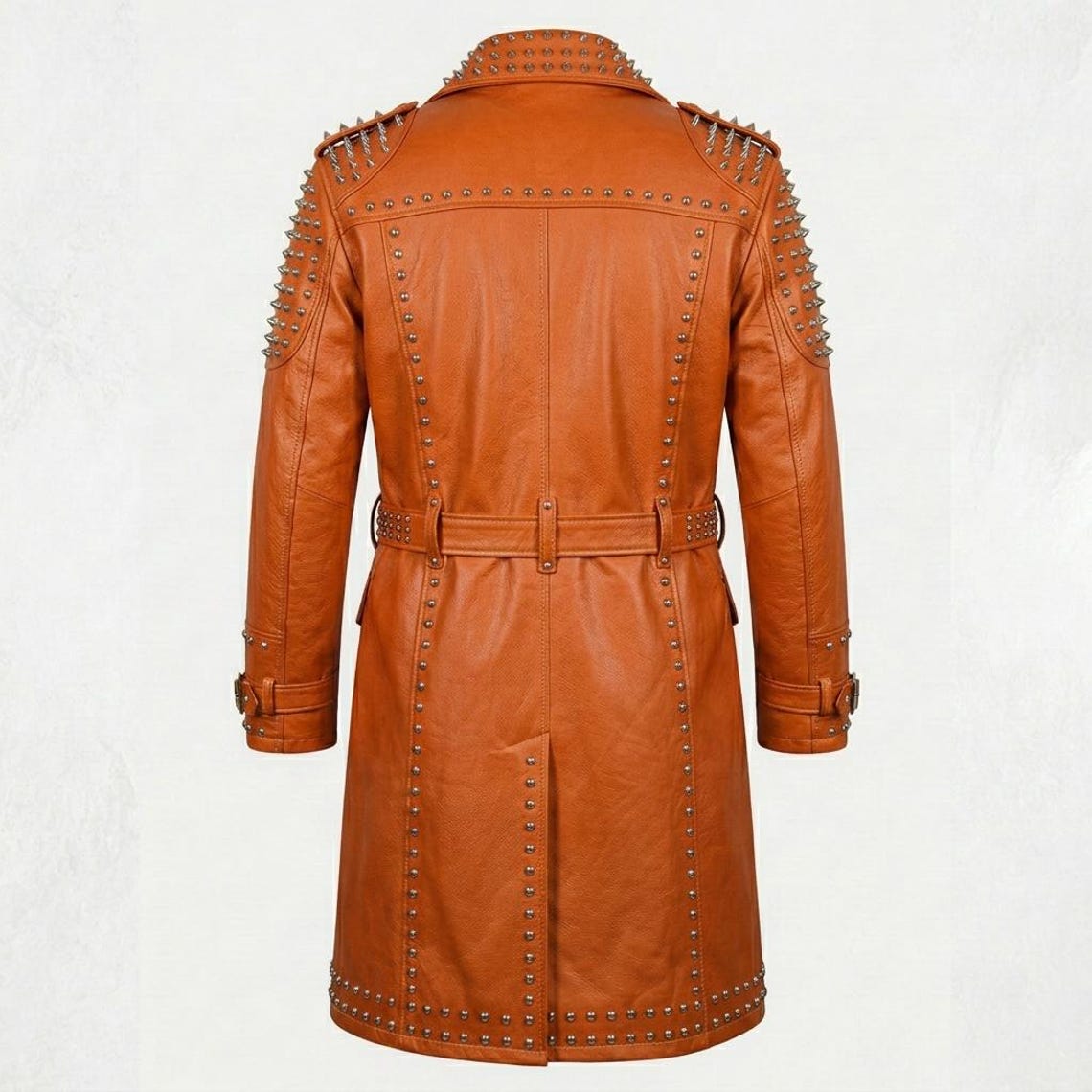 Back design of orange leather studded gothic trench coat