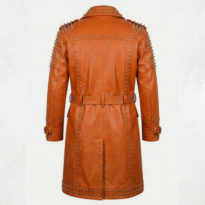 Back design of orange leather studded gothic trench coat