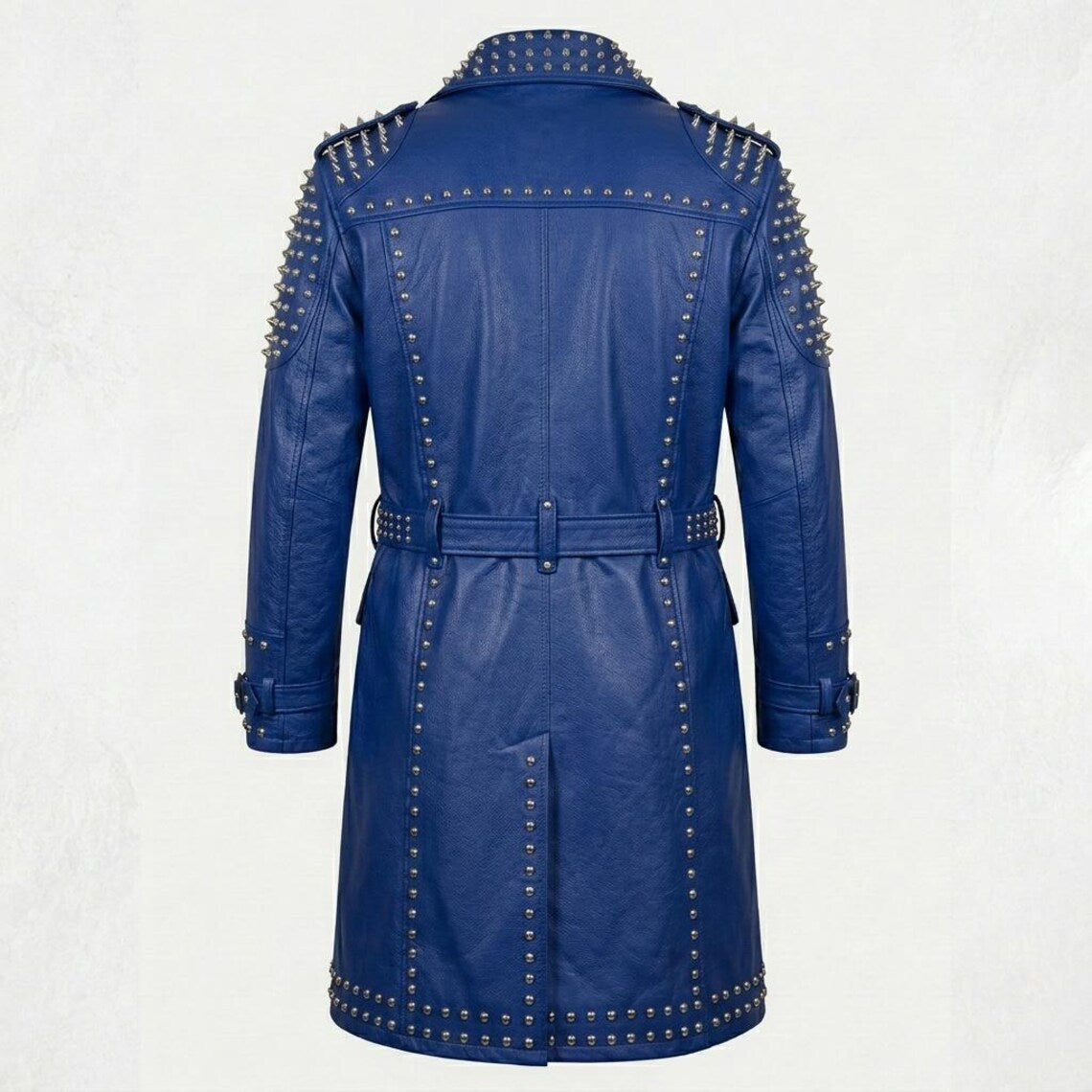 Back design of blue leather studded long coat