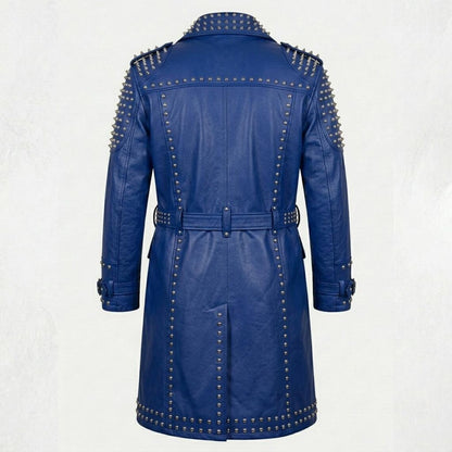Back design of blue leather studded long coat