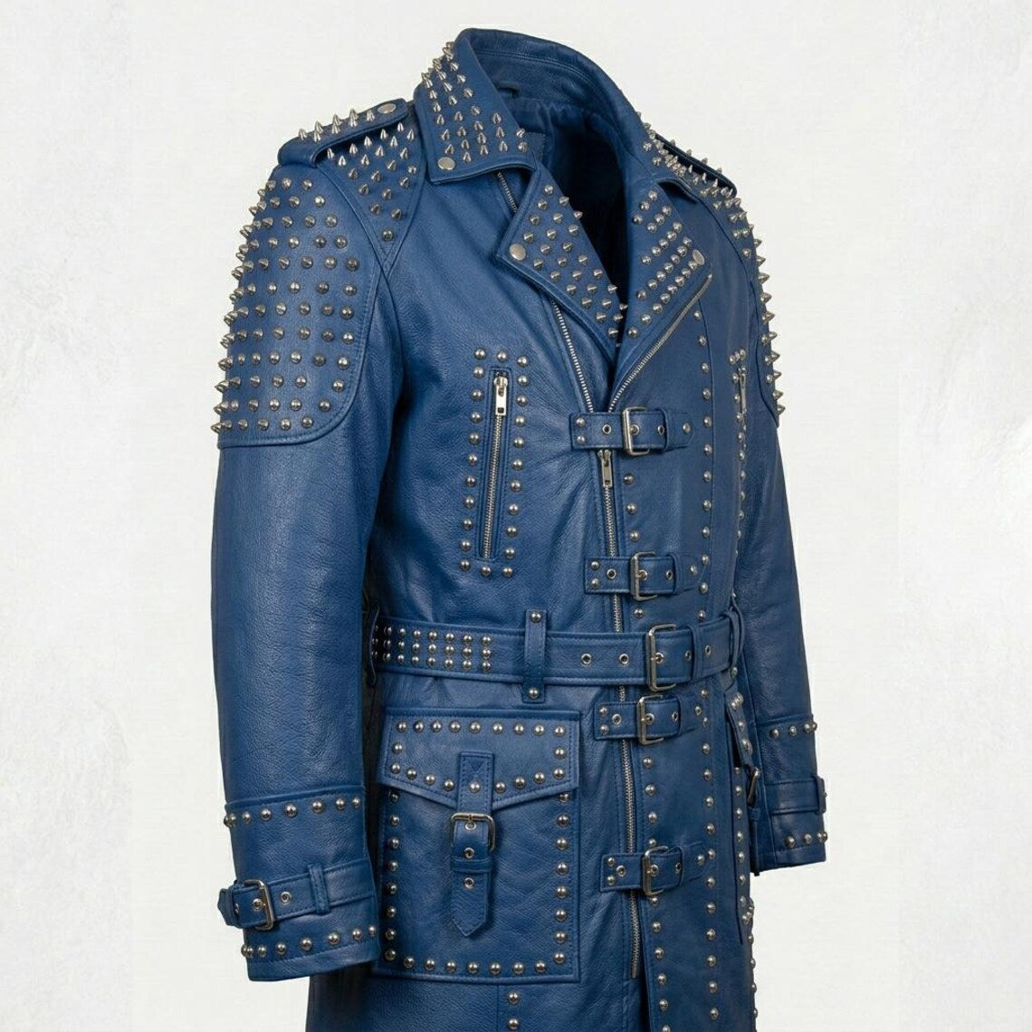 Side view of women blue leather biker trench coat