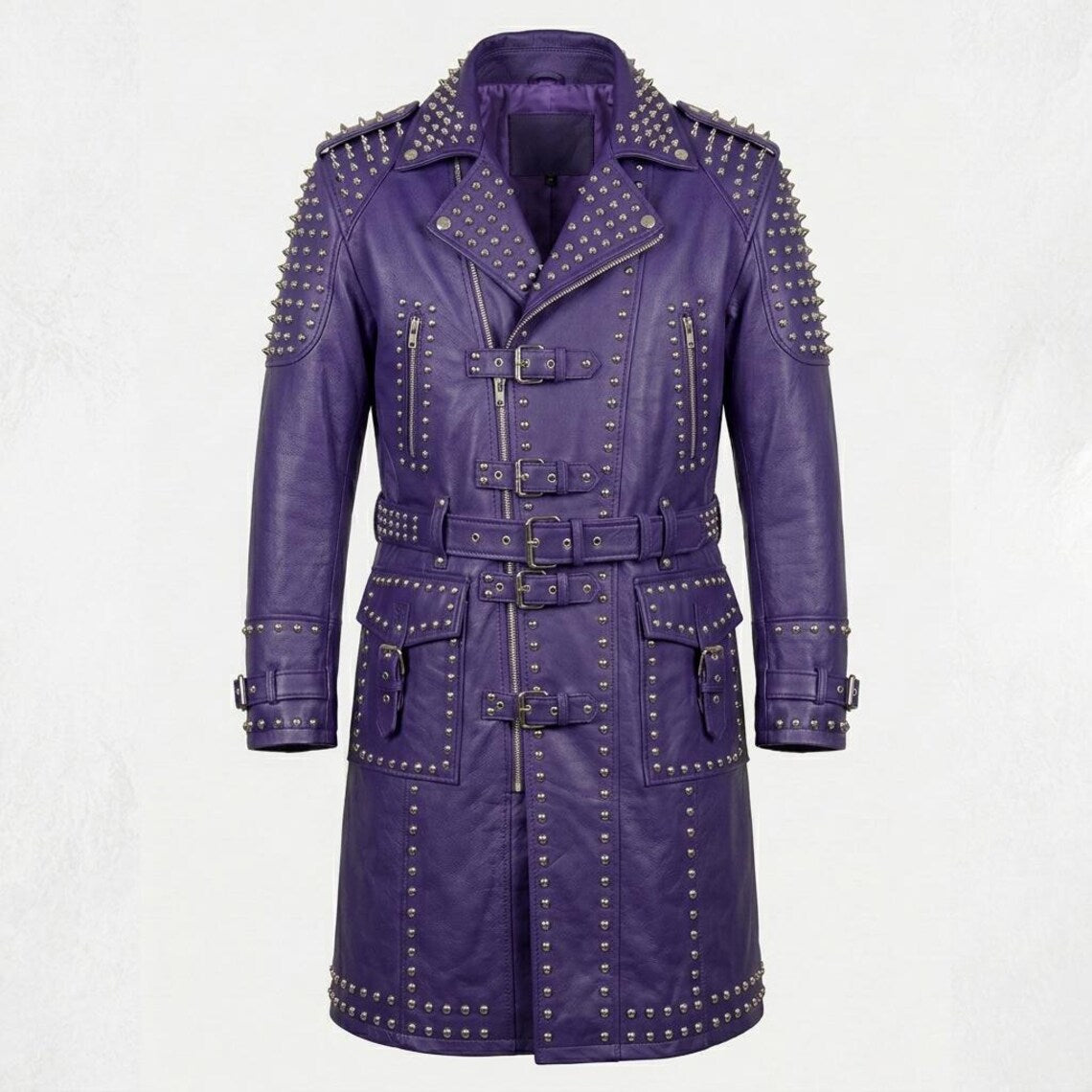 Front view of purple leather studded trench coat for women in gothic biker style