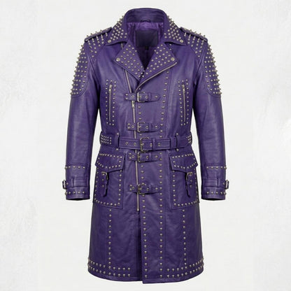 Front view of purple leather studded trench coat for women in gothic biker style