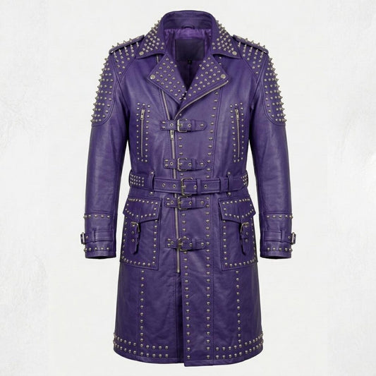 Front view of purple leather studded trench coat for women in gothic biker style