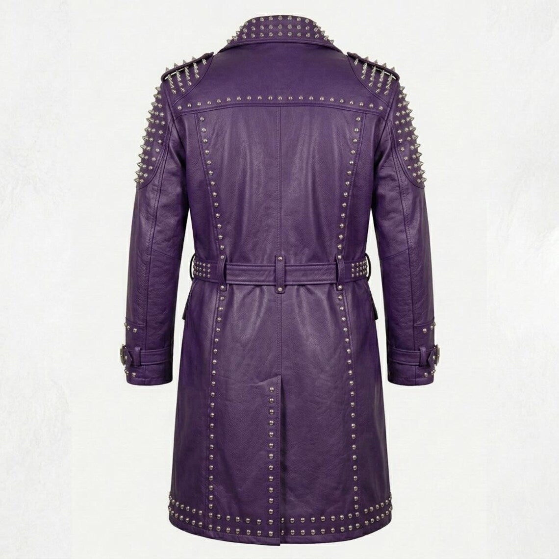 Back design of purple leather studded long coat
