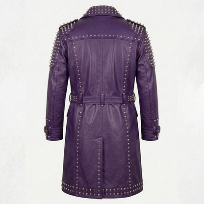 Back design of purple leather studded long coat