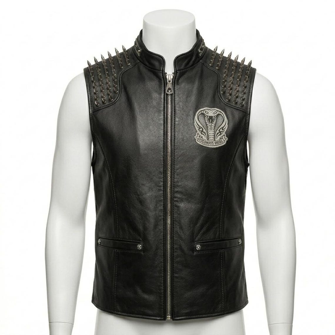 Men Black Leather Biker Vest with Spike Embroidery Gothic Punk Style