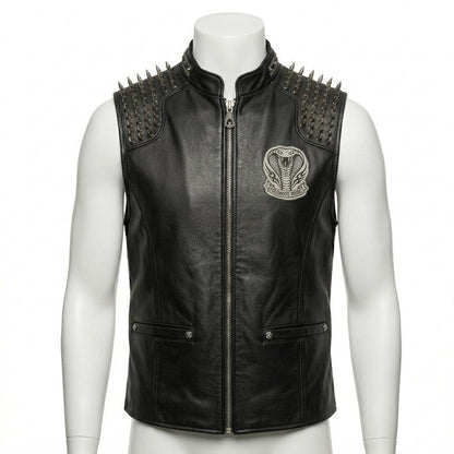 Men Black Leather Biker Vest with Spike Embroidery Gothic Punk Style