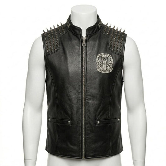 Men Black Leather Biker Vest with Spike Embroidery Gothic Punk Style