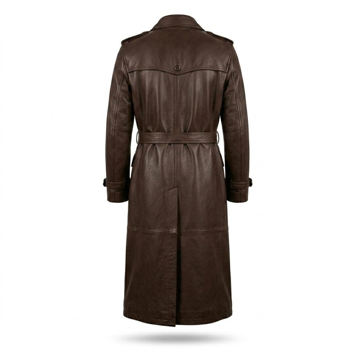 Back design of mens brown leather trench coat