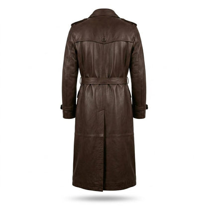 Back design of mens brown leather trench coat