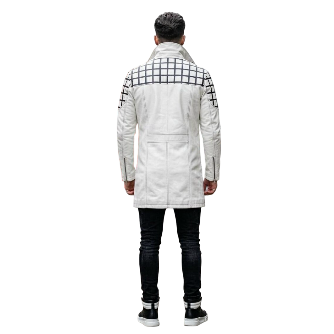  Back view of modern white leather long jacket for men