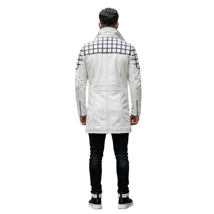 Back view of modern white leather long jacket for men