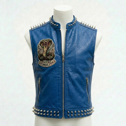 Men Yellow Leather Biker Vest with Snake Patch and Stud Detail