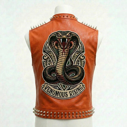 Men Orange Leather Vest with Embroidered Cobra Patch and Studded Detail
