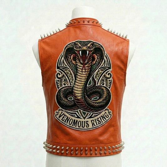 Men Orange Leather Vest with Embroidered Cobra Patch and Studded Detail