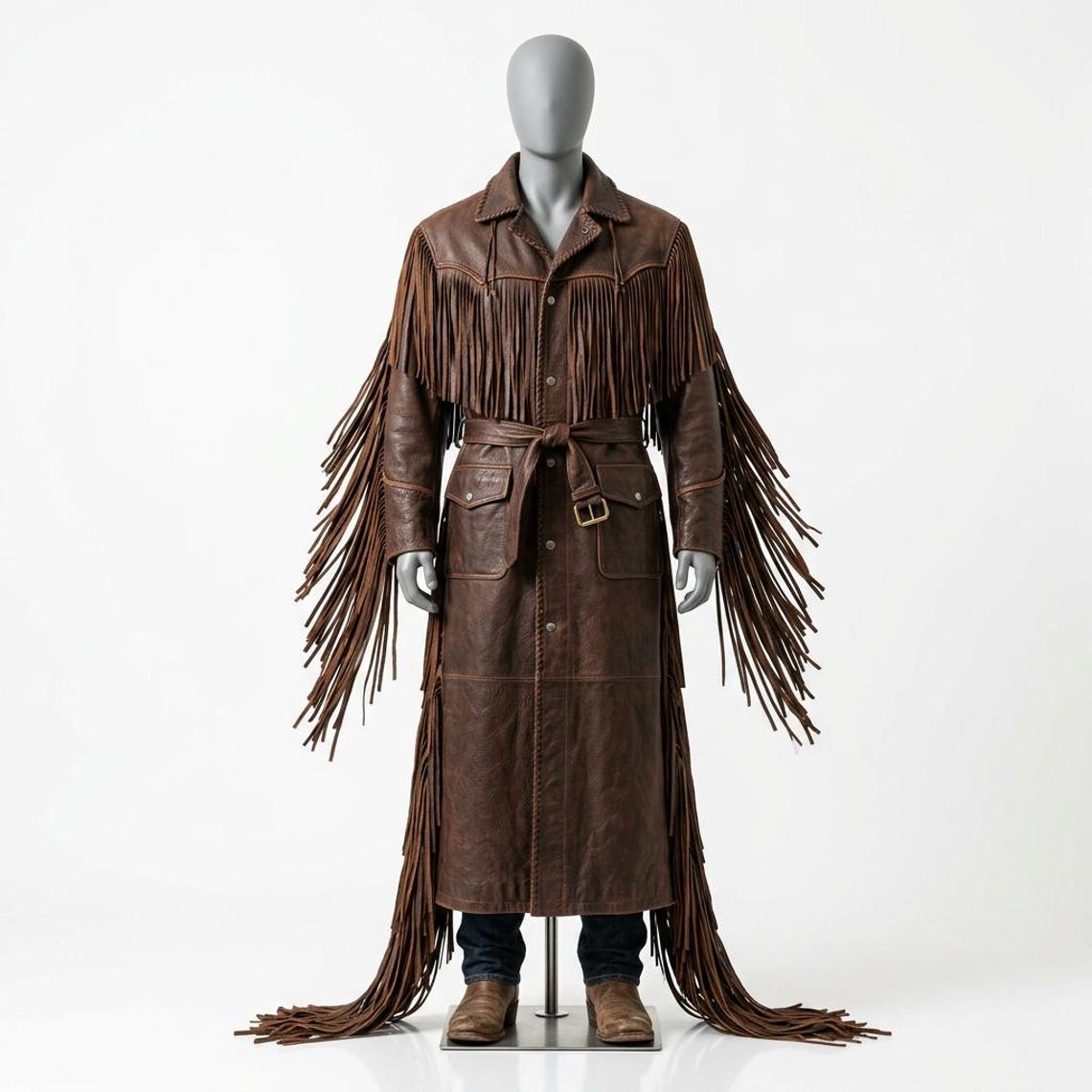 Front view of men brown fringe leather western duster coat with belt