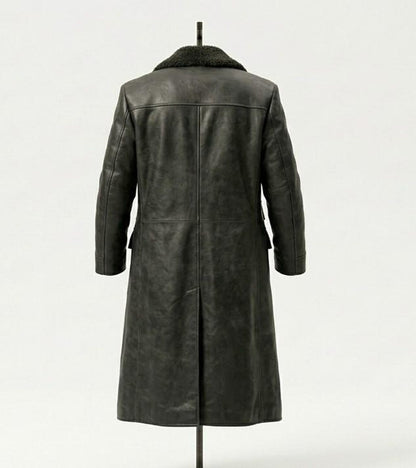 Back view of vintage black leather trench coat for men
