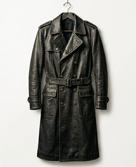 Front view of men vintage black distressed leather trench coat