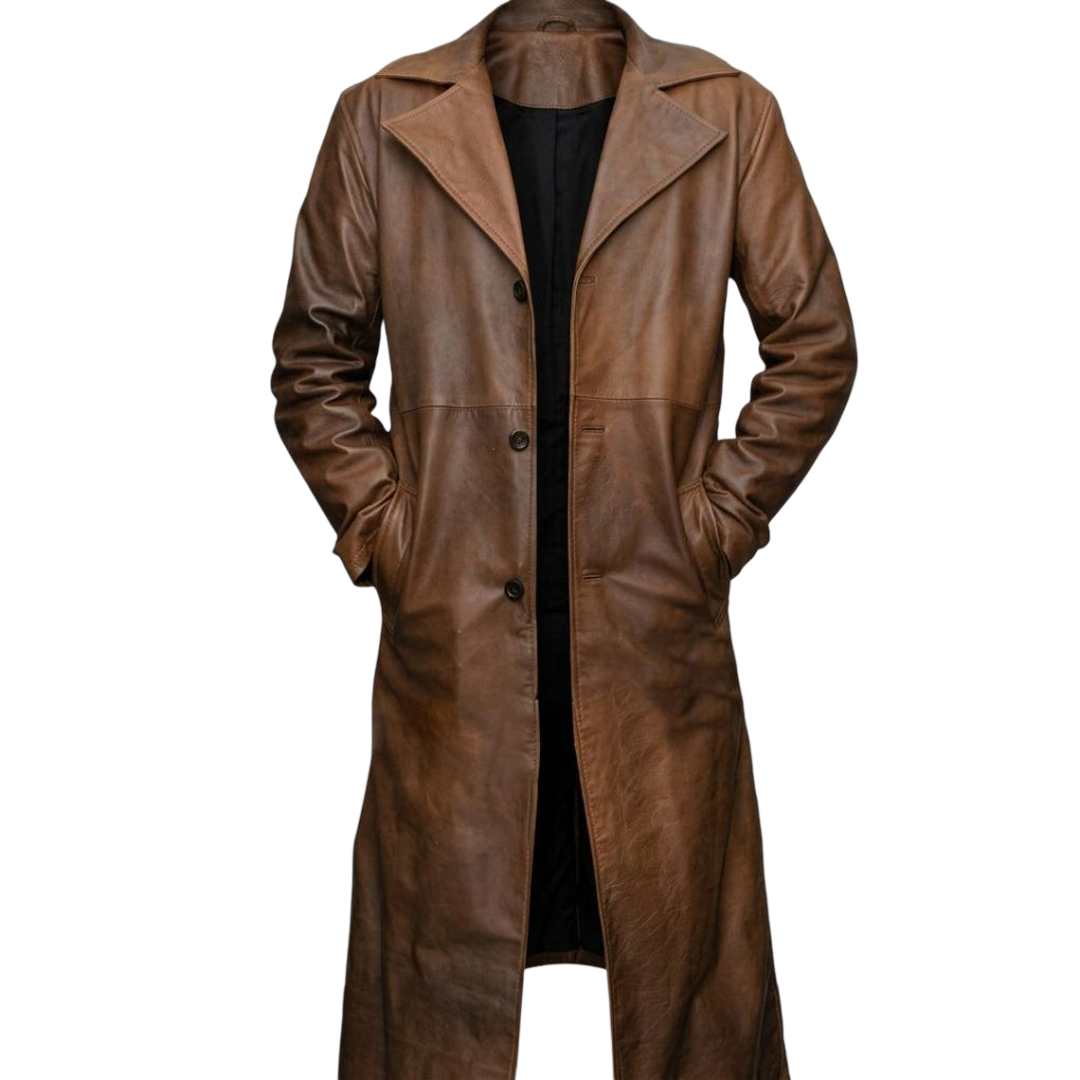  Front view of men brown genuine leather long vintage coat