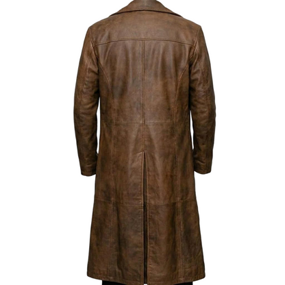 Back view of men brown genuine leather long coat