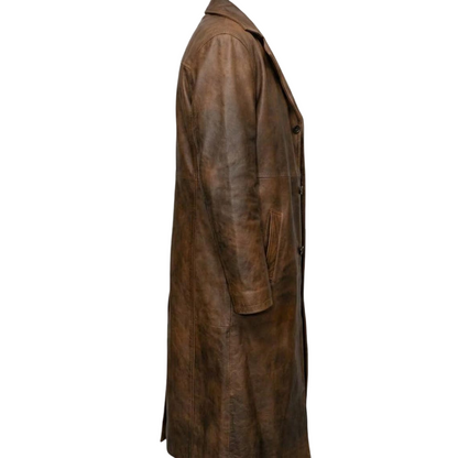 Side profile of brown leather long vintage coat for men