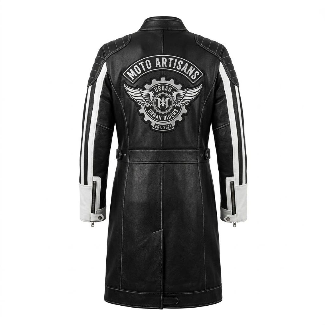 Back view of men motorcycle black white leather trench coat