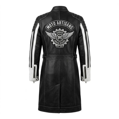 Back view of men motorcycle black white leather trench coat