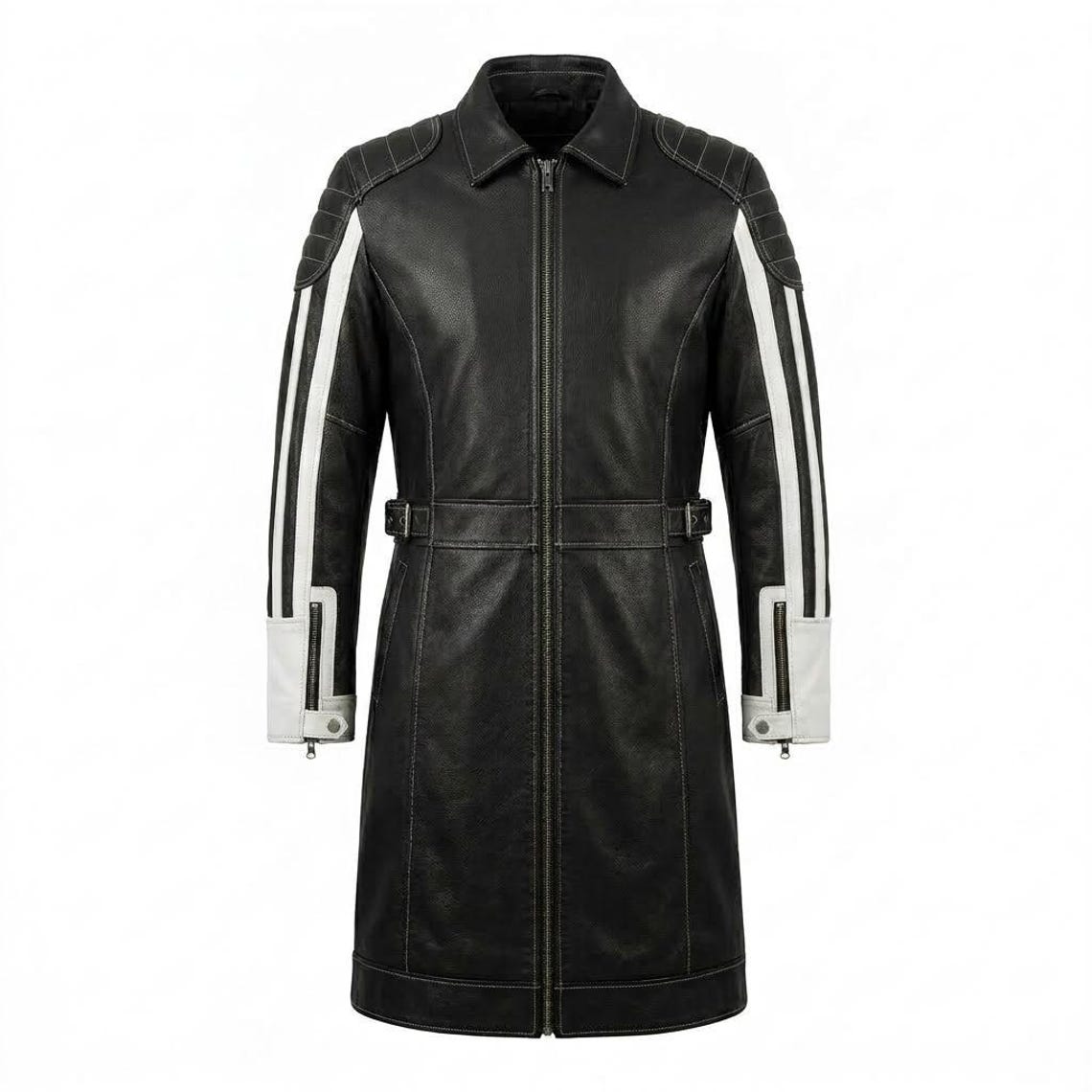 Front view of men black white leather biker trench coat