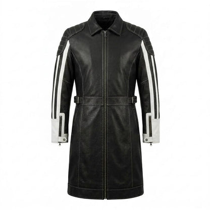 Front view of men black white leather biker trench coat