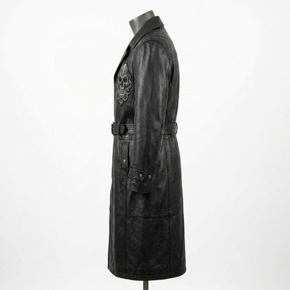 Side profile of men black leather trench coat with adjustable belt